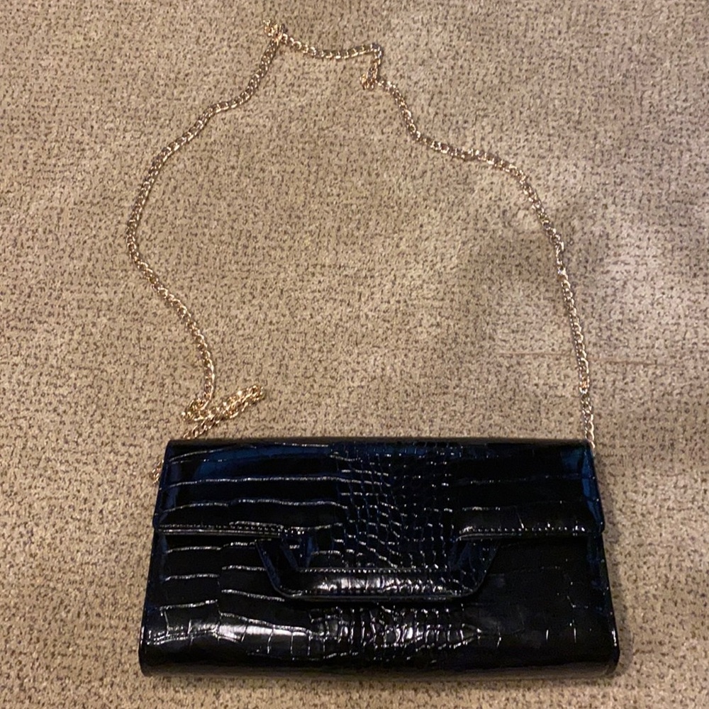 Black leather crocodile hand bag with gold chain